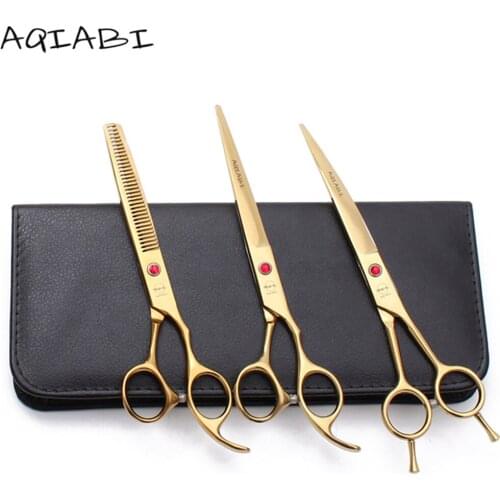 A3002 3Pcs Suit 7.0" AQIABI Grooming Scissors Straight Scissors Thinning Shears Down Curved Shears Professional Pet Scissors Set