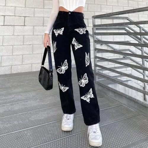Imcute Fashion High Waist Butterfly Print Jeans Pants Stylish Women Straight Leg Trousers Autumn New Lady Button Denim Trousers