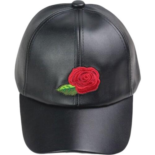 Black PU Leather Rose Baseball Cap for Men Women Embroidery Snapback Hat Curved Visor