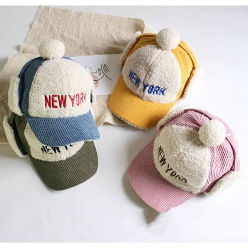 Children hat baby Cute hats baseball cap Boys and girls Autumn winter warm earmuffs lamb wool embroidered corduroy peaked cap