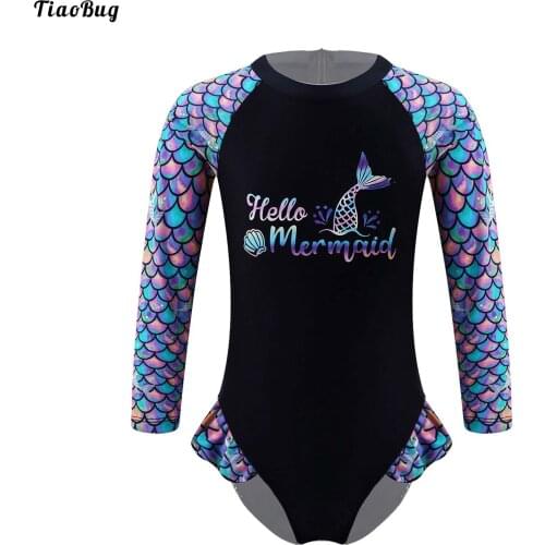 TiaoBug Kids Girls One-Piece Long Sleeves Fish Scale Print Ruffle Trim Back Zipper Jumpsuit Beach Pool Swimming Bathing Bodysuit