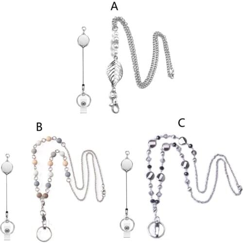Women Retractable Badge Reel Lanyard with ID Card Holder Necklace Name Badge Holder Lanyard Stainless Steel Beaded Chain
