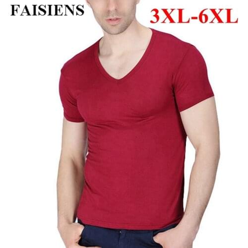 FAISIENS Large Size 5XL 6XL Modal Tee Shirt Homme V Neck Short Sleeve Solid Wine Red Gray Black Big Comfortable Men T Shirt