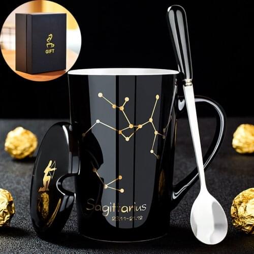 12 Constellations Creative Ceramic Mugs with Spoon Lid White and Gold Porcelain Zodiac Milk Coffee Cup 420ML Water Drinkwa
