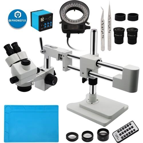 3.5X-90X Simul-Focal Stereo Lockable Zoom Microscope on Dual Arm Boom Stand Includes VGA 14MP/16MP/21MP Microscope Camera