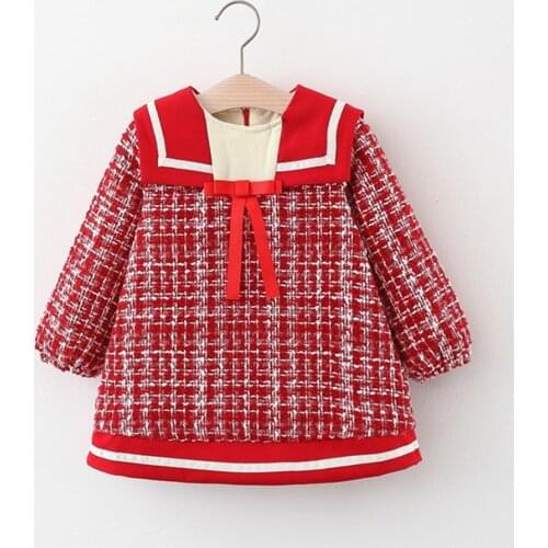 Sweet Fashion Warm Winter Girls Kids Princess Dress Thicken Children Baby Plaided Preppy Style Bow Velvet Dresses Vestido