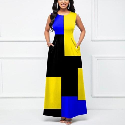 MISSJOY Women Summer Dress Sleeveless O-Neck Ankle-Length Party Printed Casual Beach Sweet Robe Maxi Long Dress with Pockets