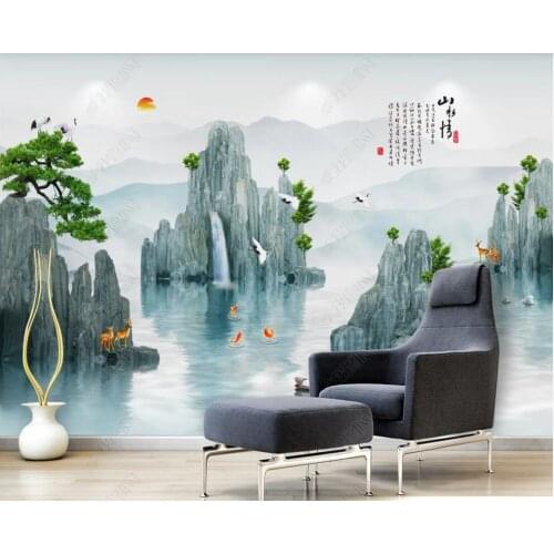 Custom mural 3d photo wallpaper Chinese style ink painting mountain and water pine landscape living room wallpaper for wall 3 d