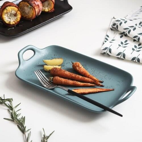European Style Dinner Plates Matte Glazed Ceramic Dishes With Double Handles Steak Pasta Dessert Serving Plates Baking Pan