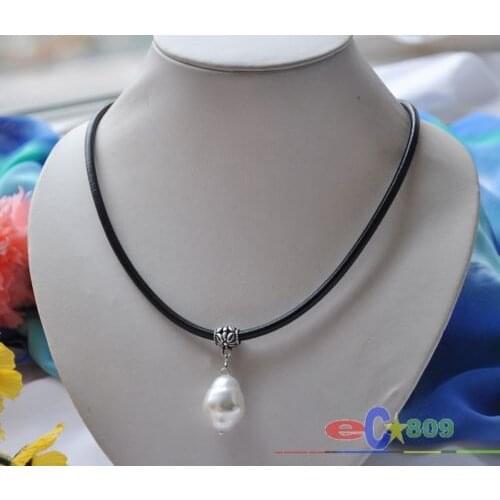 Wholesale 21mm white rice south sea shell pearl pendant 18inch Leather Chain