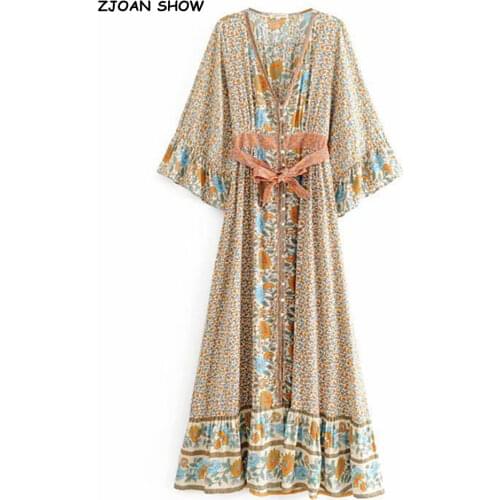 2019 V neck Sunflower Floral Print Women BOHO Dress Beige Bow Sashes Single-breasted Button Flare Sleeve Maxi long Swing Dresses