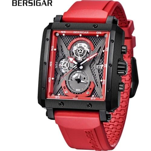 Rectangular Watches for Men BERSIGAR Mens Watch Barrel Type Quartz Fashion Luxury Sports Waterproof Chronograph Silicone Strap