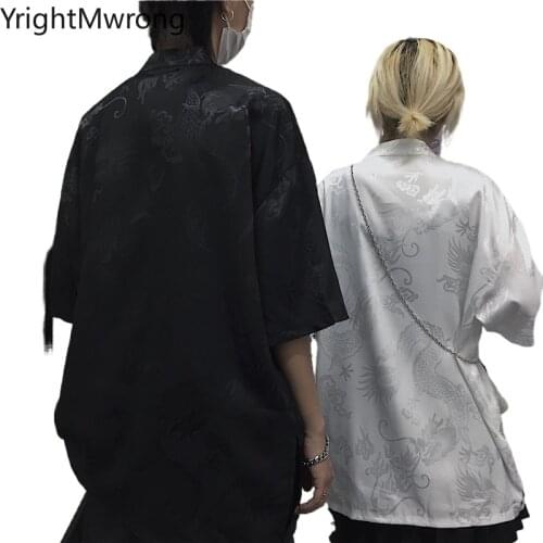 Oversized Woman Man Streetwear Cheongsam Button Dragon Print Blouse Hip Hop Harajuku Top Shirt Punk Gothic Dark Summer Black Tee