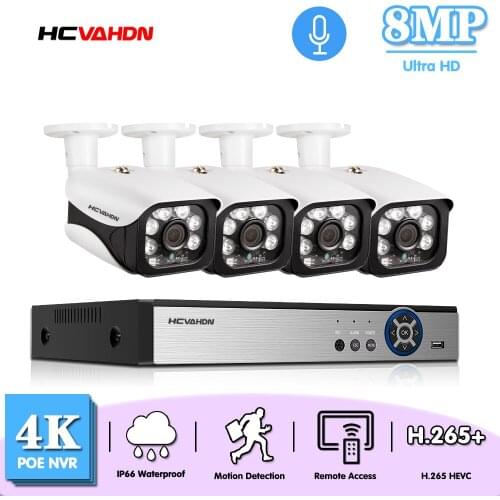 4ch 4K POE Kit System CCTV Security 8MP Sony IMAX335 H.265 NVR Outdoor Waterproof Audio IP Camera Surveillance Alarm Video p2p