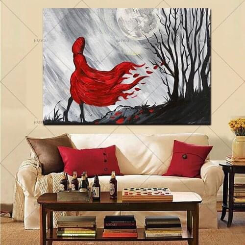Modern Abstract Figures Red Long Hair Girl Woods 100% Handmade Oil Painting on Canvas Poster Wall Picture for Home Hotel Decor