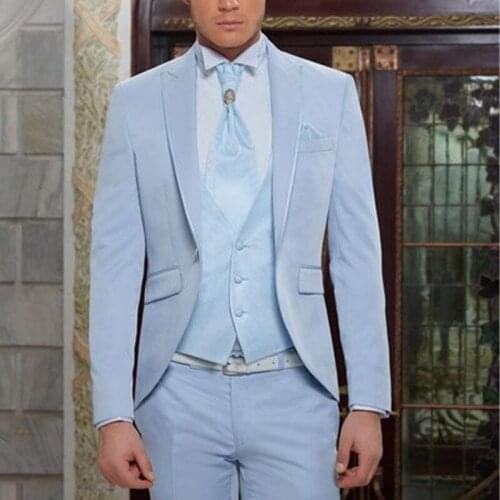 Light Blue Groom Tuxedo for Wedding Peaked Lapel 3 Piece Slim Fit Men Suits for Dinner Party Jacket Vest with Pants