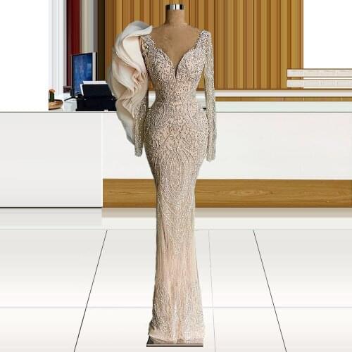 Light Champagne Heavily Beaded Abendkleider 2021 Dubai Evening Dresses Runaway Fashion Shoulder vestidos de mujer casual