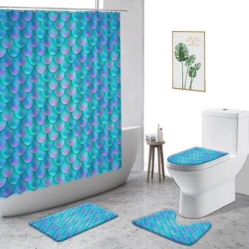 3D Blue Fish Scale Shower Curtain Color Polyester Personality Fabric Printing Bathroom Set Non-Slip Carpet Toilet Cover Door Mat