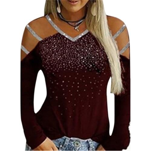 Womens T Shirt Sexy Off Shoulder V-neck Pullovers Slim Hollow Sequin Printed Solid Color Long Sleeve T-shirt Tshirt Clothes