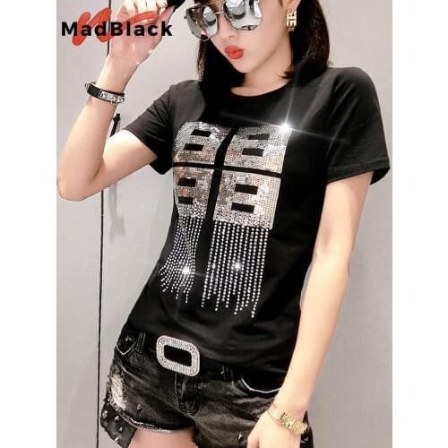 Solid Sequins Diamonds O-Neck Tshirt 2019 New Summer Office Lady Cotton Top Clothes Shirt Camiseta Mujer Black White T95107L