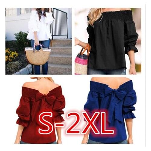 Women Off Shoulder Sexy Ruffled One Word Collar Lace-Up Solid Color Long Sleeve Summer Casual T-Shirt New Arrival