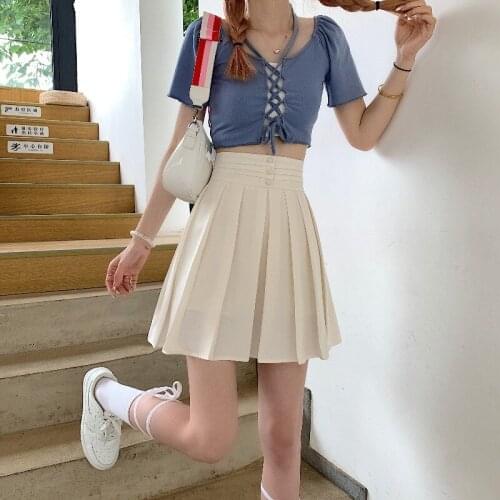 Women Pleat Skirts Inner Lining Summer Sweet Lolita 3 Buttons High Waist Skirt A-Line Mini Skirts Fashion Chic Girls Short Skirt