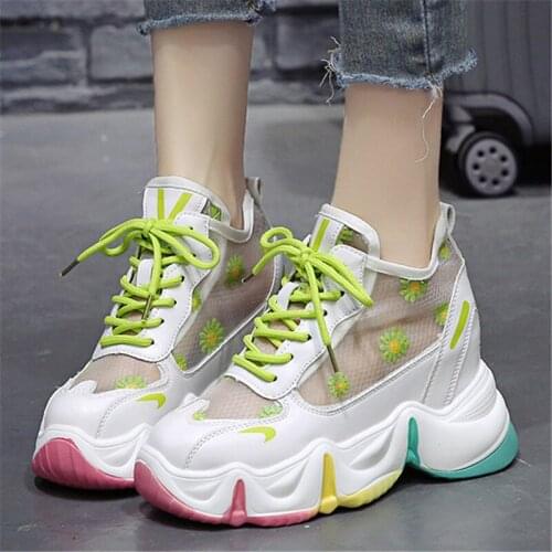 Summer New Ins Hotsale Chunky 8cm High Heel Sneakers Women Breathable Openwork Mesh Platform Wedge Ladies Heightening Shoes