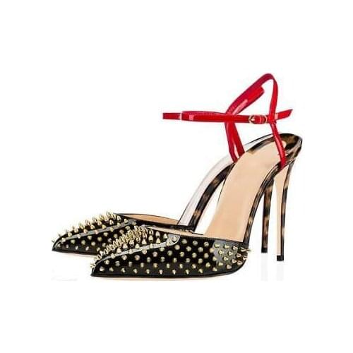 Moraima Snc Pointed Toe High Heel Shoes Sexy Rivets Studded Anle Strap Woman Pumps Patent Leather Party Dress Shoe