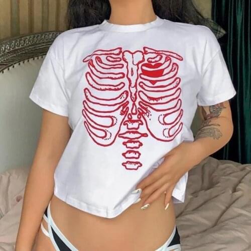 90s Vintage Aesthetic Sternum Skeleton Graphic Crop Top Y2K Harajuku T-Shirt Summer Grunge Pullover Women Fashion Goth Short Tee