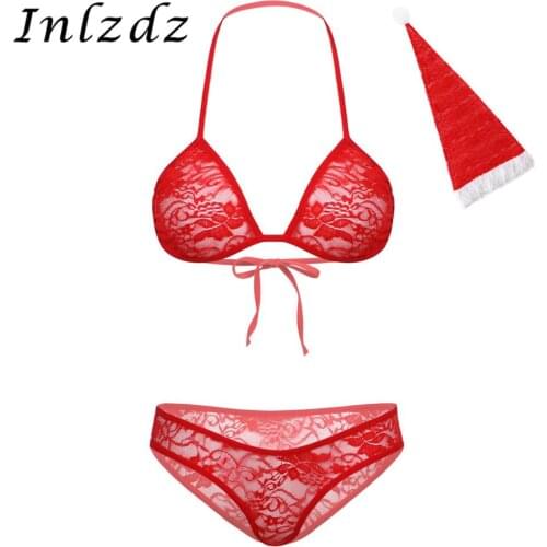 Women Christmas Sex Costume See-through Lace Lingerie Set Sleepwear Halter Lace Up Wireless Bra Tops Low Rise Briefs with Hat