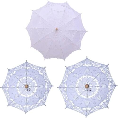 Womens Manual Opening Wedding Bridal Parasol Umbrella Hollow Out Embroidery Lace Solid White Color Romantic Photo Props With