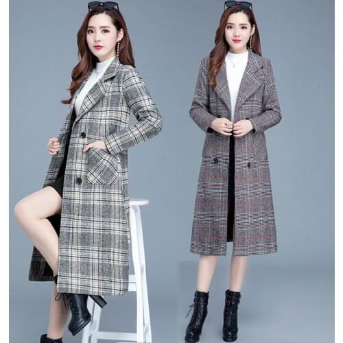 Plaid Woolen Coat Womens Mid-length Slim Temperament Fashion Houndstooth Autumn and Winter Womens Woolen Coat