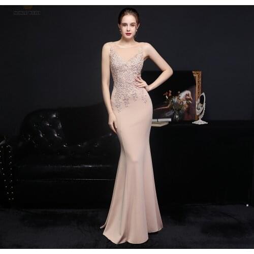 Evening Dresses Long O-Neck Mermaid Dresses Woman Party Night Beading Appliques Floor-Length Evening Dress