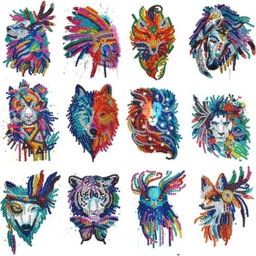12 Pieces 5D DIY Diamond Painting Stickers Owl Wolf Tiger Diamond Art Diamond Stickers By Numbers Kits Crafts Set for Kids