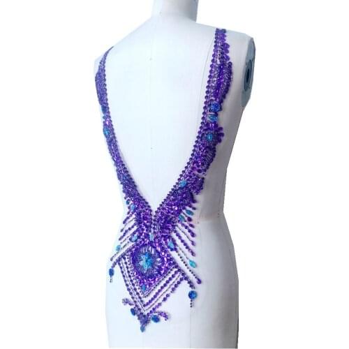 Hand made purple sew on Rhinestones applique on mesh crystal patches trim 59*30cm for dress accessory
