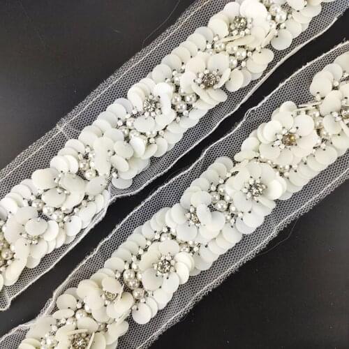 Decorative white flower sequins beaded dressing clothes lace costumes accessories Pearl Beaded Lace Trim fabric applique patches