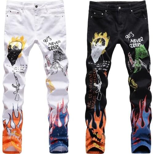 American Streetwear Fashion Men Jeans Elastic Slim Fit Hip Hop Jeans Men Punk Style Pencil Pants Printed Designer Jeans Homme