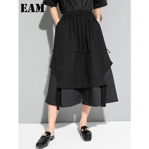 [EAM] High Elastic Waist Black Ribbon Spliced Long Irregular Half-body Skirt Women Fashion Tide New Spring Summer 2021 1DE0327