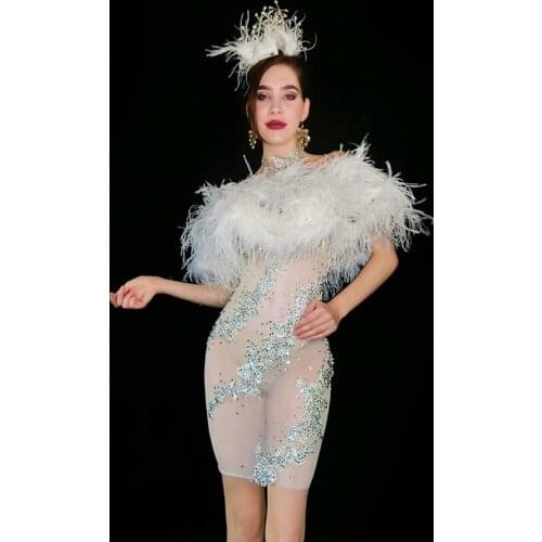 Elegant White Feather Off The Shoulder Short Dress party costume Sexy women see through evening dresses