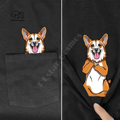 CorgiMiddleHand In Pocket T Shirt Dog Lovers Black Cotton Men Made in USA Cartoon t shirt men Unisex New Fashion tshirt