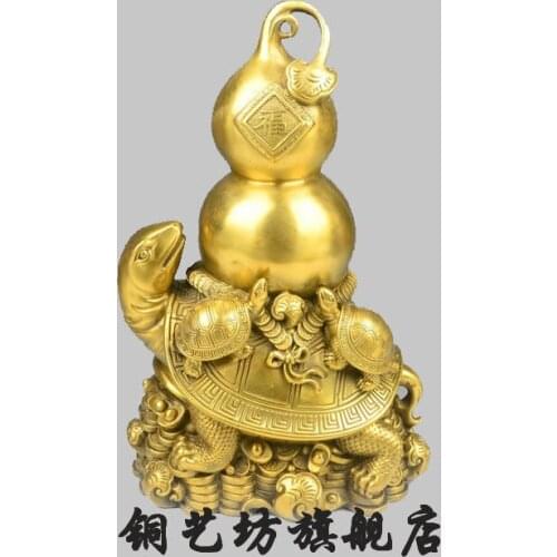 14" China Bronze Fengshui Turtle Carry Gourd Statue