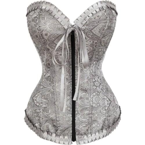 New Women Bustier Tops Grey Ruffles Trim Jacquard Zipper Corset Shaper Sexy Overbust Corselet Ladies Womens Corsets Shapewear