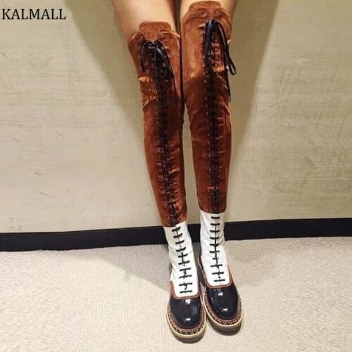 KALMALL Patchwork Leather Suede Over-The-Knee Boots Winter Cross-tied Thigh High Boots Low Block Heels Women Motorcycle Boots