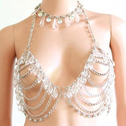Metal Chain Body Harness Bra Crystal Chest Belt Cover Jewelry Sequins Caged Top Plus Size Women Halloween Rave Wear