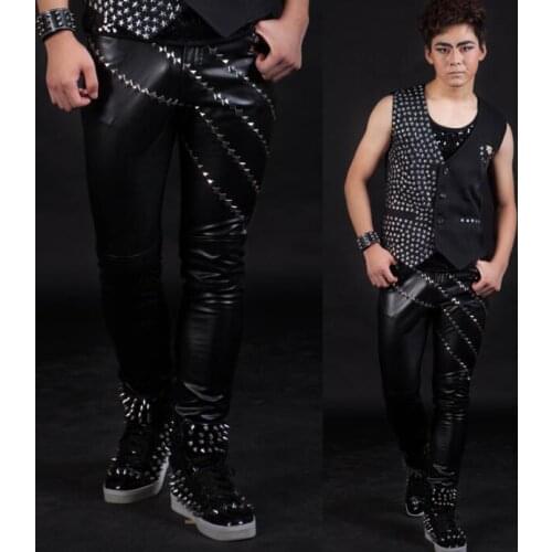 Stage personality men rivets leather pants pu harem pant men feet trousers singer dance rock street star style novelty black