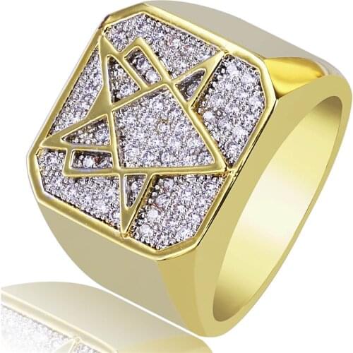 Men Vintage Iced Out Cubic Zirconia Layered Rectangle Hip Hop Ring Creative Gold Color Geometric Shaped Steampunk Rock Male Ring