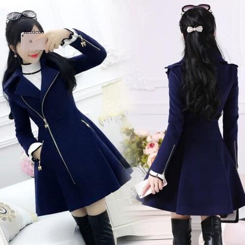 Autumn Winter Women Coats Dark Blue Lady Clothing Zipper Woolen Coat Mid-Length Slim