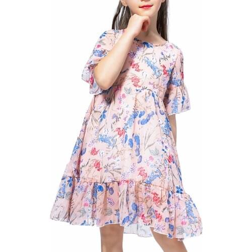 Oyolan Summer Kids Dresses for Girls Fashion Korean Flower Short Sleeve Bohemia Dress Cute Ruffles Children Costume Outfits