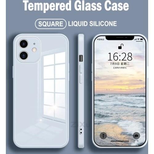 Square Tempered Glass Phone Case For iPhone 12 Mini 11 Pro Max SE 2020 X XR XS Max 8 7 Plus Candy Color Liquid Silicone Cover