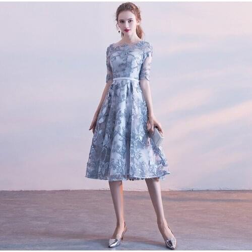 Luxury O-Neck Half Sleeve Lace Up Short Cocktail Dresses A-line Knee Length Formal Dress Party 2020